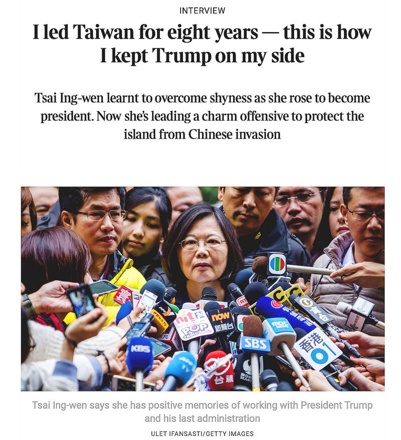 Former president Tsai Ing-wen is featured in an article of the Times.
Screengrab from the Web site of the Times
Former president Tsai Ing-wen is featured in an article of the Times.
Screengrab from the Web site of the Times