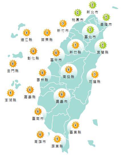 今日各地紫外線指數預報概況。（圖擷取自中央氣象署）