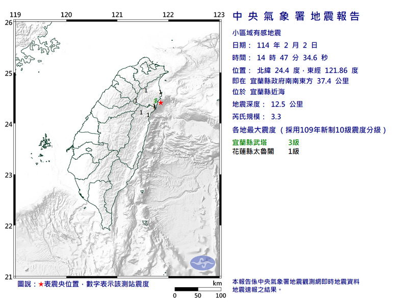 宜蘭近海今日14:47發生規模3.3地震，最大震度3級。（圖擷取自中央氣象署）