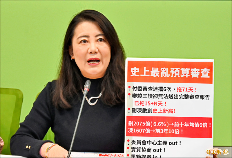 民進黨團幹事長吳思瑤昨指出，總預算審查報告已延宕十五天未送出，國民黨、民眾黨的黑箱作業是史無前例。（記者王藝菘攝）