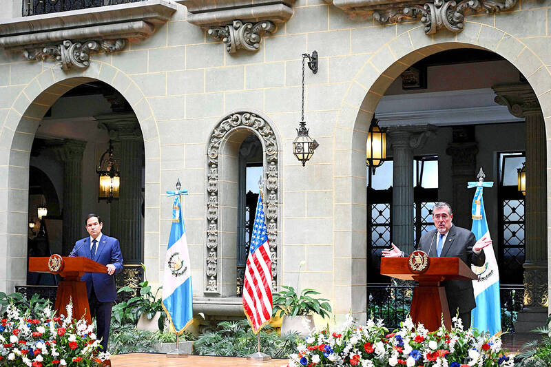 
US Secretary of State Marco Rubio, left, and Guatemalan President Bernardo Arevalo attend a joint news conference at the Culture Palace in Guatemala City on Wednesday. 
Photo: AFP