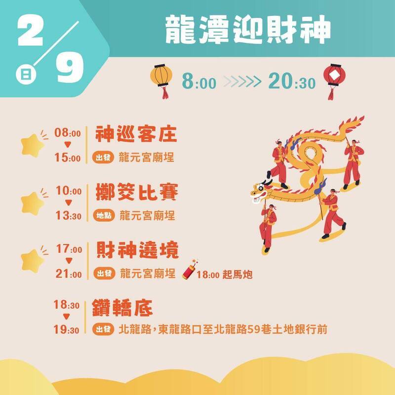龍潭迎財神活動期程。(翻攝自臉書「神龍鬧鎮」) 龍潭迎財神活動期程。(翻攝自臉書「神龍鬧鎮」)