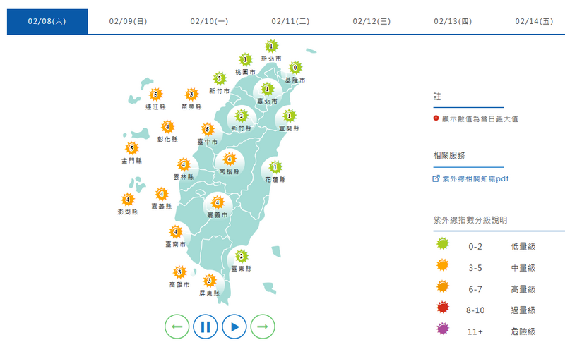 紫外線方面,週六台北市、新北市、桃園市、基隆市、新竹市、新竹縣、宜蘭縣、花蓮縣、台東縣為「低量級」,其餘縣市均為「中量級」。(擷取自中央氣象署網站) 紫外線方面,週六台北市、新北市、桃園市、基隆市、新竹市、新竹縣、宜蘭縣、花蓮縣、台東縣為「低量級」,其餘縣市均為「中量級」。(擷取自中央氣象署網站)