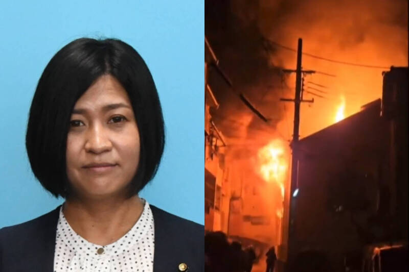 日本大阪府大東市議員安田惠子住處遭大火燒毀，屋內遺體疑為12歲愛女。（擷取自大東市議會及@ramen_mania1998/X，本報合成）