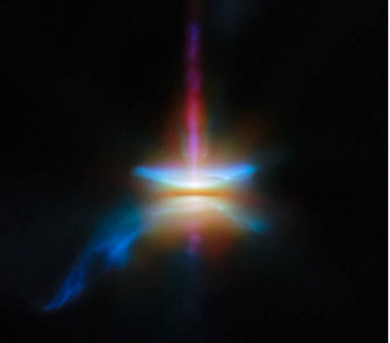 韋伯望遠鏡捕捉到年輕恆星HH 30的「彩虹」影像：粉紫色噴流、橘黃色盤狀結構和藍色星雲，暗示著新行星系統的誕生。（（圖擷取自ESA/Webb, NASA & CSA）