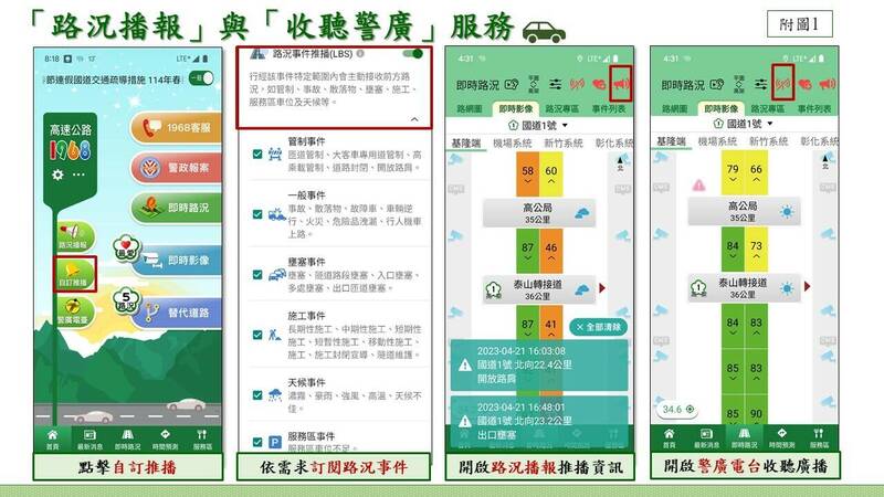 路況播道及收聽警廣服務。(高公局提供) 路況播道及收聽警廣服務。(高公局提供)