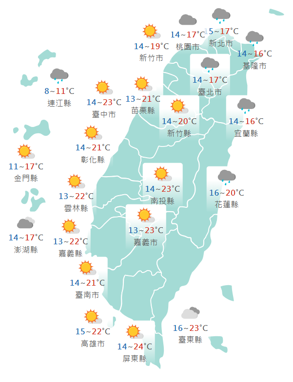 今日各地天氣預報概況。(圖擷取自中央氣象署) 今日各地天氣預報概況。(圖擷取自中央氣象署)