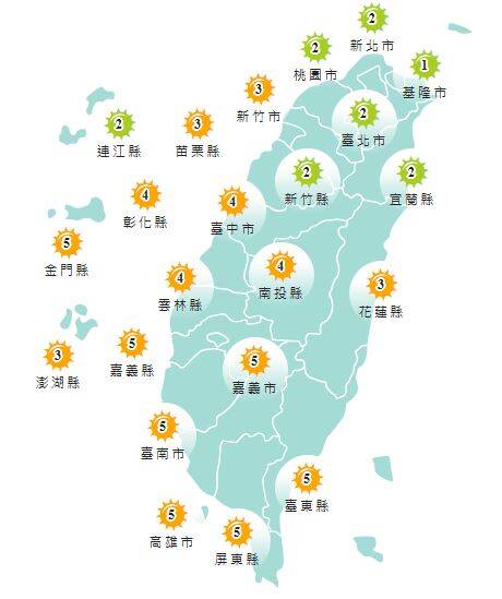 今日各地紫外線指數預報概況。(圖擷取自中央氣象署) 今日各地紫外線指數預報概況。(圖擷取自中央氣象署)