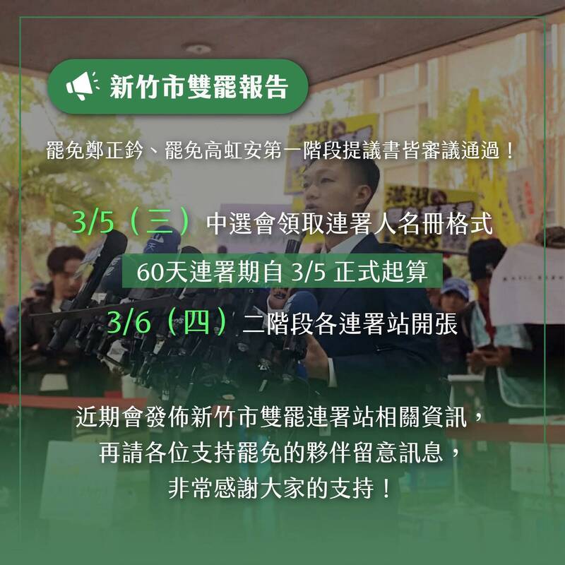 竹市罷免鄭正鈐、高虹安一階通過 領銜人：3/6二階連署站開張 - 政治 - 自由時報電子報