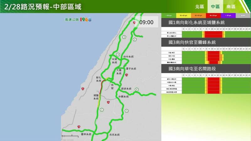 今天下午中區路況預報。(高公局提供)(記者吳亮儀攝) 今天下午中區路況預報。(高公局提供)(記者吳亮儀攝)
