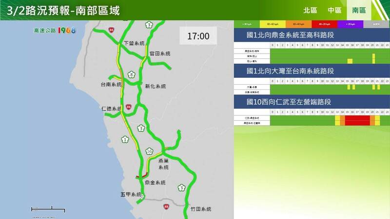 收假日南部區域路況預報。(高公局提供) 收假日南部區域路況預報。(高公局提供)