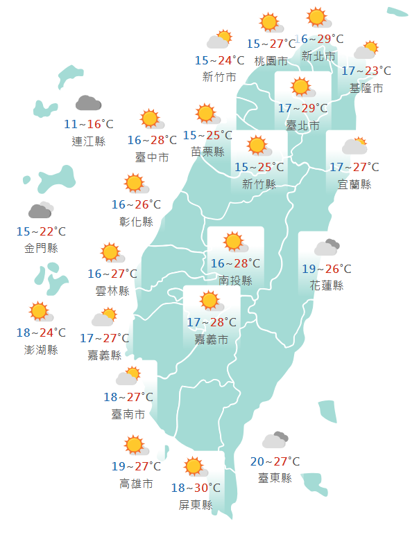 今日各地天氣預報概況。(圖擷取自中央氣象署) 今日各地天氣預報概況。(圖擷取自中央氣象署)