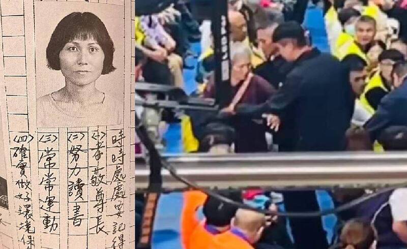 花蓮縣花崗國中退休教師葉春蓮曾獲師鐸獎，2日在花蓮當面質疑立法院國民黨團總召傅崐萁「通匪」，被幾名大漢架出場。（本報合成）