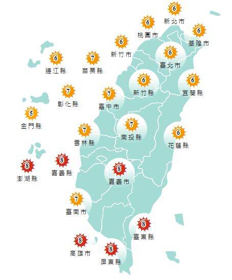 今日各地紫外線指數預報概況。(圖擷取自中央氣象署) 今日各地紫外線指數預報概況。(圖擷取自中央氣象署)