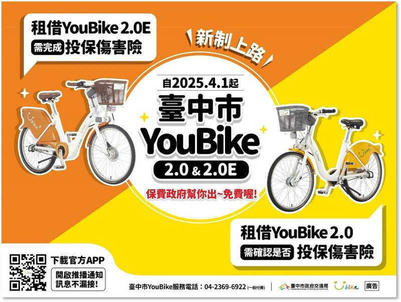 中市自4月1日起 未填寫傷害險投保意願調查無法租借YouBike2.0。(市府提供)