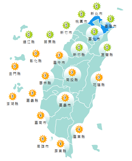 今日各地紫外線指數預報概況。(圖擷自中央氣象署) 今日各地紫外線指數預報概況。(圖擷自中央氣象署)
