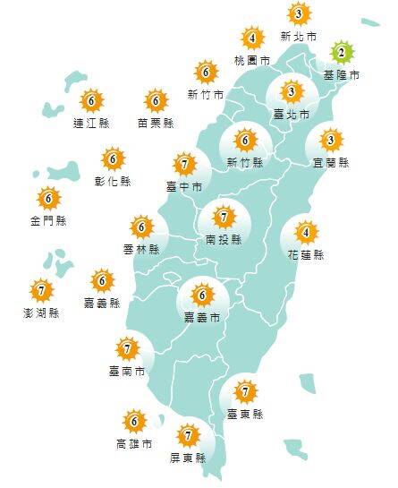 今日各地紫外線指數預報概況。（圖擷取自中央氣象署）