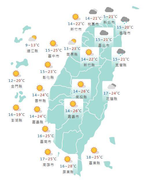今日各地天氣預報概況。（圖擷取自中央氣象署）