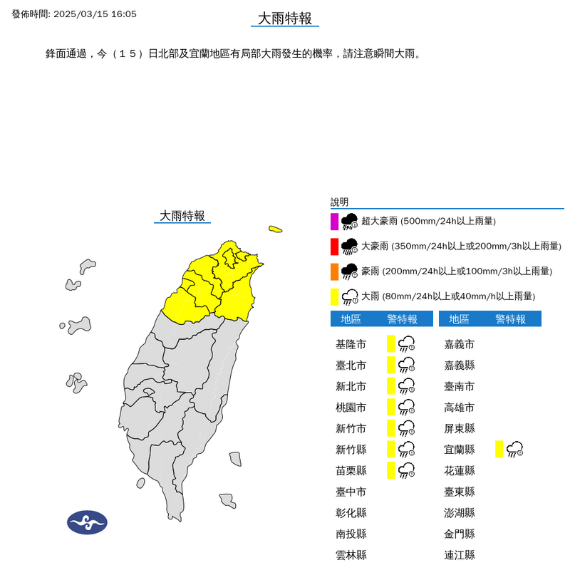 氣象署今日16時05分對基隆市、台北市、新北市、桃園市、新竹市、新竹縣、苗栗縣、宜蘭縣大雨特報,提醒民眾注意。(圖擷取自氣象署) 氣象署今日16時05分對基隆市、台北市、新北市、桃園市、新竹市、新竹縣、苗栗縣、宜蘭縣大雨特報,提醒民眾注意。(圖擷取自氣象署)