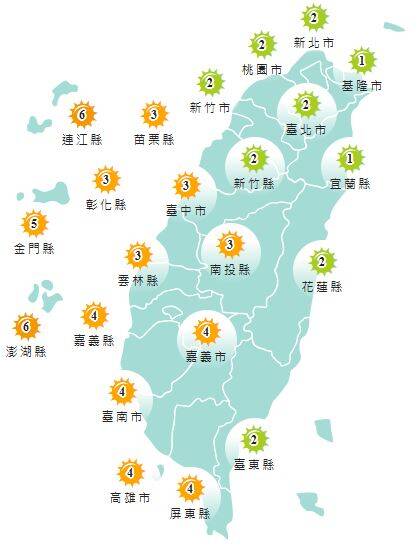 今日各地紫外線指數預報概況。(圖擷取自中央氣象署) 今日各地紫外線指數預報概況。(圖擷取自中央氣象署)