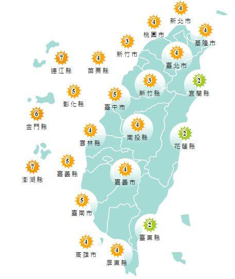 今日各地紫外線指數預報概況。(圖擷取自中央氣象署) 今日各地紫外線指數預報概況。(圖擷取自中央氣象署)