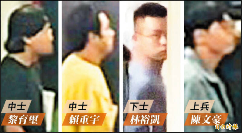 憲兵二一一營時任中士黎育璽、中士賴重宇、下士林裕凱、資通電軍指揮部上兵陳文豪。(資料照) 憲兵二一一營時任中士黎育璽、中士賴重宇、下士林裕凱、資通電軍指揮部上兵陳文豪。(資料照)