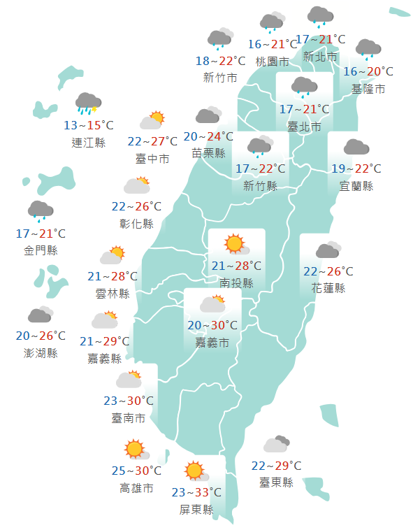 今日各地天氣預報概況。(圖擷取自中央氣象署)
今日各地天氣預報概況。(圖擷取自中央氣象署)
