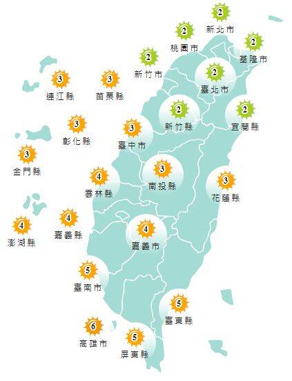 今日各地紫外線指數預報概況。(圖擷取自中央氣象署) 今日各地紫外線指數預報概況。(圖擷取自中央氣象署)