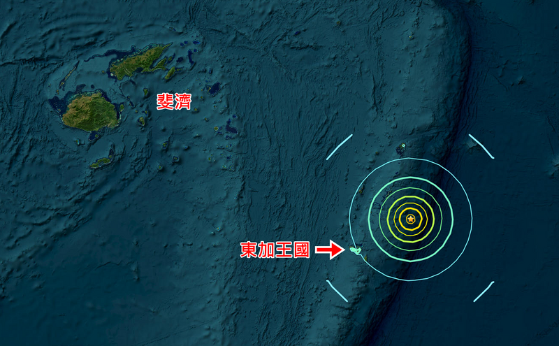 大洋洲島國東加外海發生規模7.1強震。（擷取自美國地質調查局；本報合成）