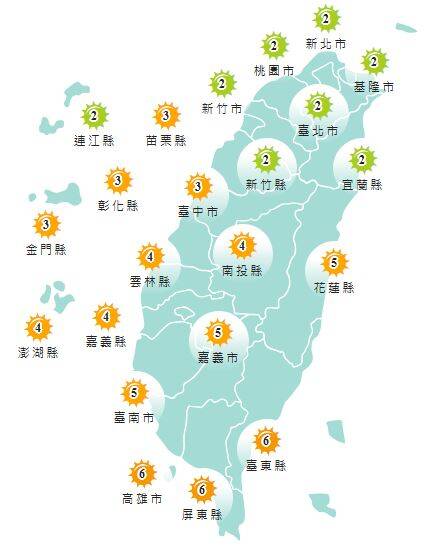今日各地紫外線指數預報概況。(圖擷取自中央氣象署) 今日各地紫外線指數預報概況。(圖擷取自中央氣象署)