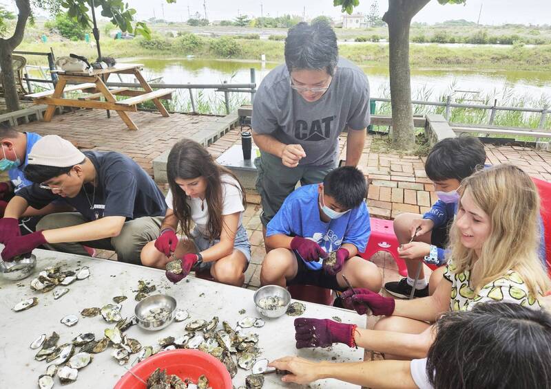 網寮國小學生與國際學生一同體驗剖蚵。(圖由網寮國小提供) 網寮國小學生與國際學生一同體驗剖蚵。(圖由網寮國小提供)