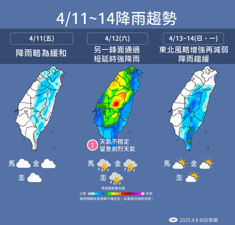 4/11至4/14降雨趨勢。(圖由中央氣象署提供) 4/11至4/14降雨趨勢。(圖由中央氣象署提供)