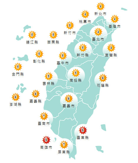 今日各地紫外線指數預報概況。(圖擷自中央氣象署) 今日各地紫外線指數預報概況。(圖擷自中央氣象署)