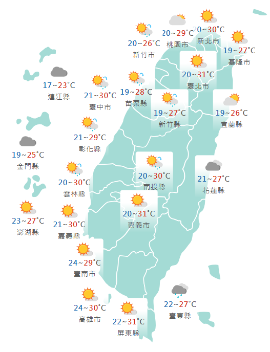 今日各地天氣預報概況。(圖擷取自中央氣象署) 今日各地天氣預報概況。(圖擷取自中央氣象署)