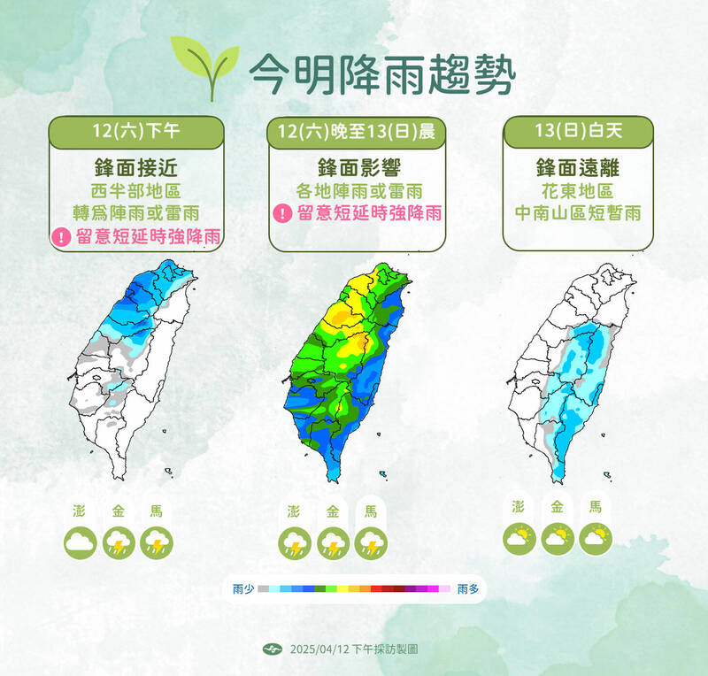 今天和明天的降雨趨勢。(氣象署提供) 今天和明天的降雨趨勢。(氣象署提供)