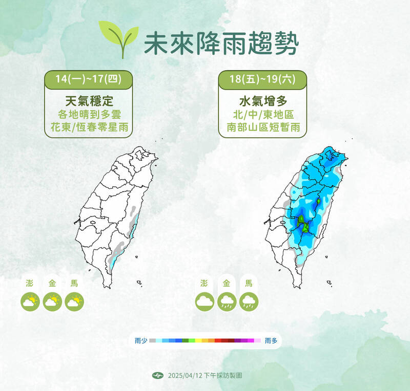 未來降雨趨勢。(氣象署提供) 未來降雨趨勢。(氣象署提供)