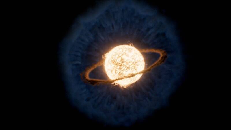 ZTF SLRN-2020事件的後續觀測，發現該事件後在恆星周圍形成一圈高溫氣體和塵埃雲的模擬圖。（路透）