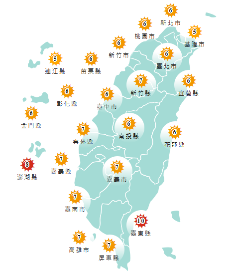 今日各地紫外線指數預報概況。(圖擷自中央氣象署) 今日各地紫外線指數預報概況。(圖擷自中央氣象署)