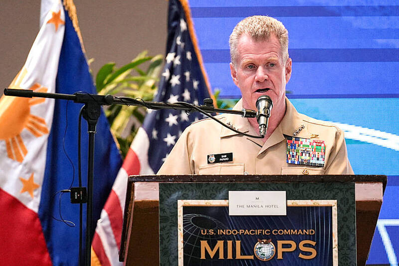 US Indo-Pacific Commander Admiral Samuel Paparo Samuel Paparo speaks during the International Military Law and Operations Conference in Manila on Aug. 27 last year.
Photo: Reuters
US Indo-Pacific Commander Admiral Samuel Paparo Samuel Paparo speaks during the International Military Law and Operations Conference in Manila on Aug. 27 last year.
Photo: Reuters