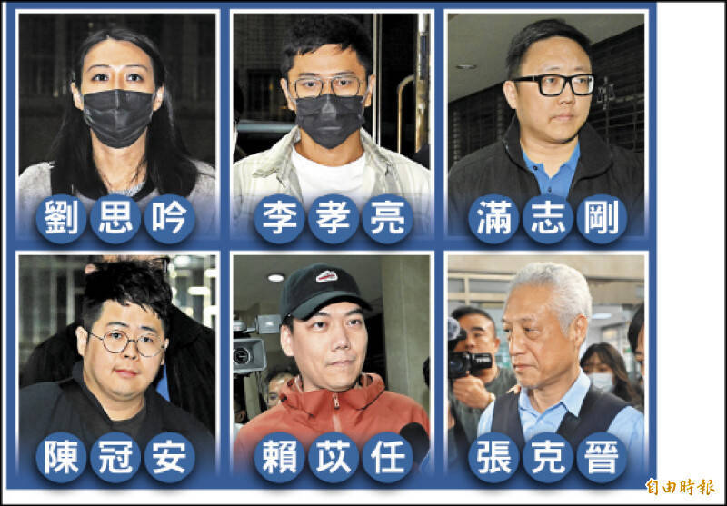 吳沛憶罷免案召集人劉思吟(左上)及領銜人李孝亮(中上)、國民黨台北市議員吳志剛辦公室主任滿志剛(右上)、國民黨立委羅智強辦公室主任陳冠安(左下)、吳思瑤罷免案召集人賴苡任(中下)及劉思吟丈夫林叡等6人,涉嫌偽造文書等罪以20萬元至50萬元不等金額交保,並均限制出境出海,吳思瑤罷免案領銜人張克晉(右下)在檢方複訊後請回。(記者田裕華、王藝菘攝,本報合成) 吳沛憶罷免案召集人劉思吟(左上)及領銜人李孝亮(中上)、國民黨台北市議員吳志剛辦公室主任滿志剛(右上)、國民黨立委羅智強辦公室主任陳冠安(左下)、吳思瑤罷免案召集人賴苡任(中下)及劉思吟丈夫林叡等6人,涉嫌偽造文書等罪以20萬元至50萬元不等金額交保,並均限制出境出海,吳思瑤罷免案領銜人張克晉(右下)在檢方複訊後請回。(記者田裕華、王藝菘攝,本報合成)