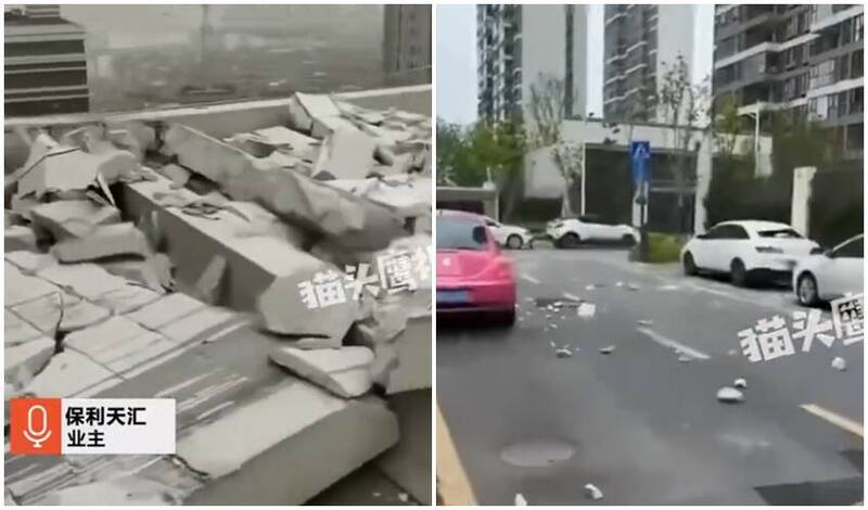 江西省南昌市一棟社區大樓頂樓外牆竟然因為風吹崩毀,甚至有不少磚石砸落造成路面車輛毀損。(圖翻攝自「貓頭鷹視頻」微博) 江西省南昌市一棟社區大樓頂樓外牆竟然因為風吹崩毀,甚至有不少磚石砸落造成路面車輛毀損。(圖翻攝自「貓頭鷹視頻」微博)