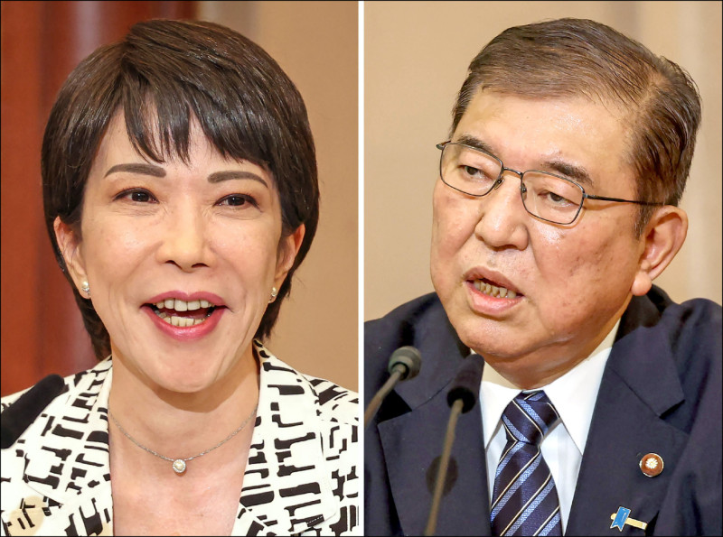 路透所做的企業調查顯示，有9成的受訪日本企業對石破茂（右）內閣感到失望，認為符合預期的不到1成。至於下任首相的期待人選，前經濟安保擔當大臣高市早苗（左）最受青睞，占受訪企業的3成。（法新社檔案照）