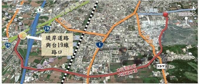彰化縣政府計畫調整大埔截水溝堤岸道路與台19線路口的號誌時間,優化標誌與標線,漸進紓解交流道的車流瓶頸。 (圖縣府提供) 彰化縣政府計畫調整大埔截水溝堤岸道路與台19線路口的號誌時間,優化標誌與標線,漸進紓解交流道的車流瓶頸。 (圖縣府提供)