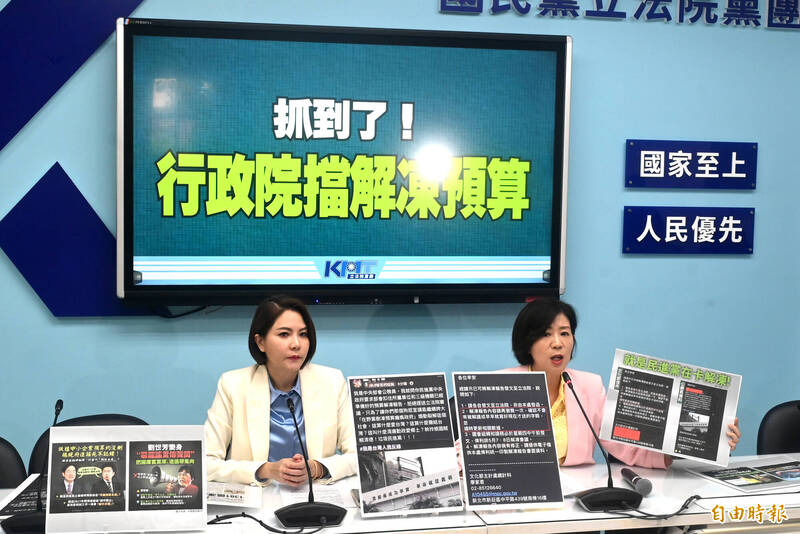國民黨立院黨團，立委王育敏（右）、陳菁徽（左）召開記者會，抨擊行政院帶頭阻擋預算解凍。（記者王藝菘攝）