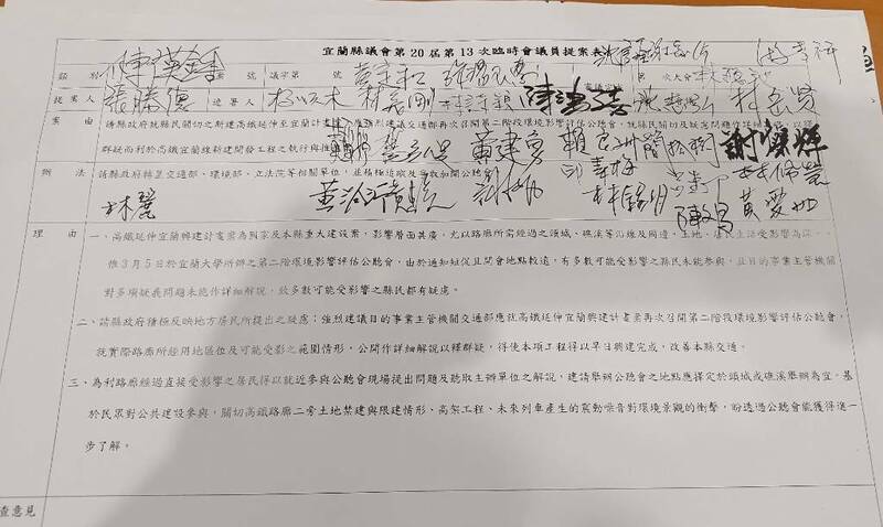 宜蘭縣議會不分黨派、全體議員連署,要求交通部鐵道路針對高鐵延伸宜蘭加開公聽會,卻被解讀反對高鐵。(宜縣議會提供) 宜蘭縣議會不分黨派、全體議員連署,要求交通部鐵道路針對高鐵延伸宜蘭加開公聽會,卻被解讀反對高鐵。(宜縣議會提供)