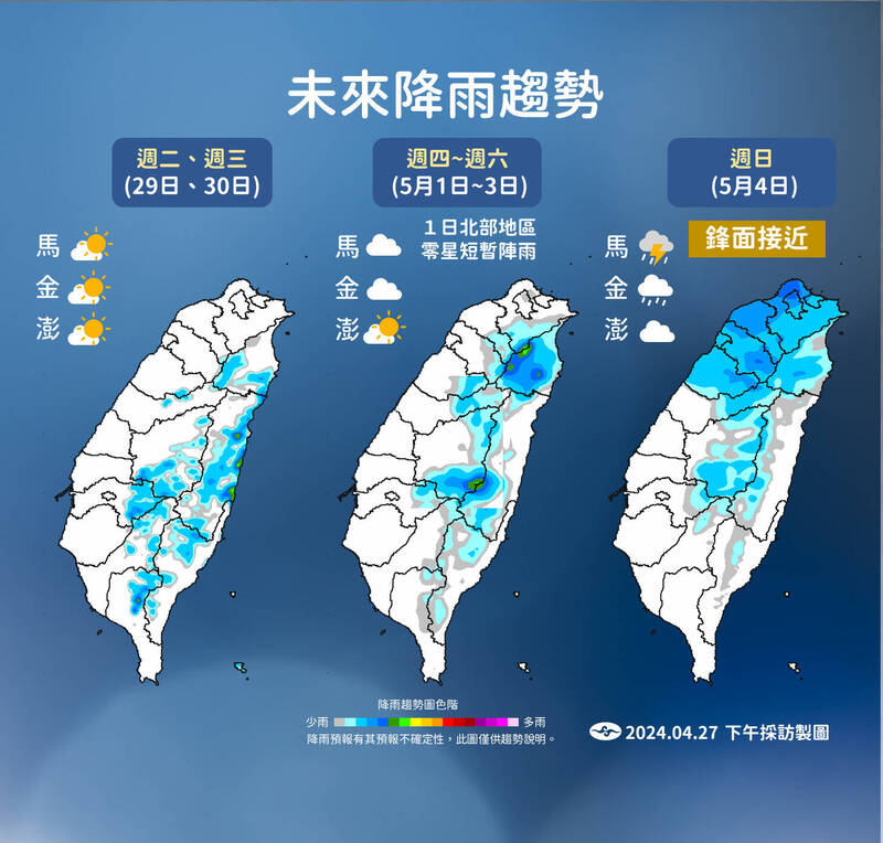 未來降雨趨勢。(圖為中央氣象署提供) 未來降雨趨勢。(圖為中央氣象署提供)