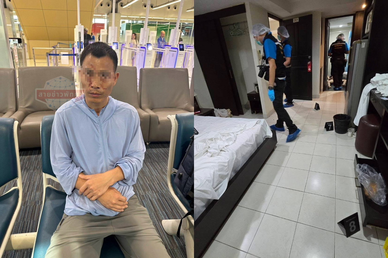 中國一名男子涉嫌在泰國芭達雅殘忍殺害跨性別女子，企圖潛逃時在曼谷機場遭逮。（本報合成，擷取自@Skyboyz15/X）