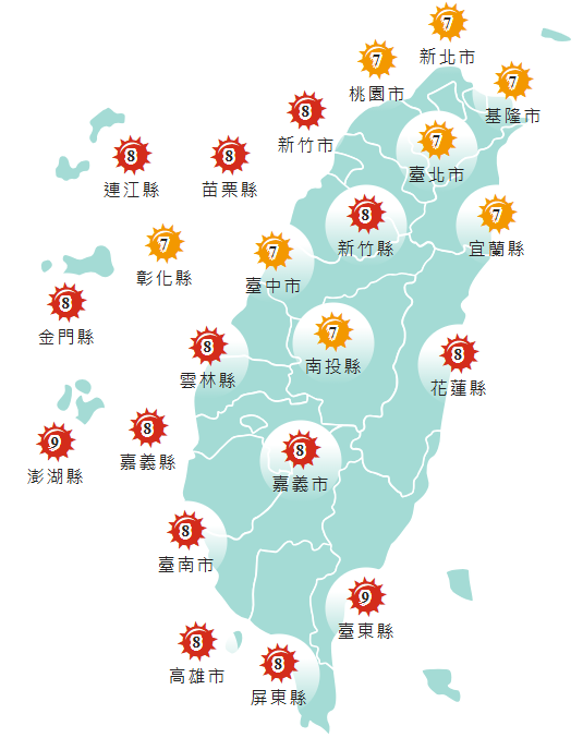 紫外線指數偏高,外出請注意防曬。(擷取自中央氣象署網站) 紫外線指數偏高,外出請注意防曬。(擷取自中央氣象署網站)