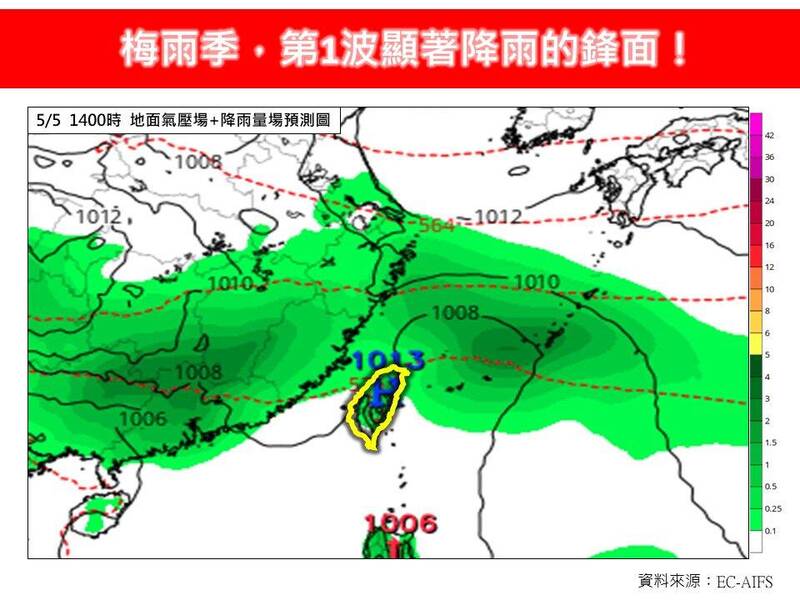 「林老師氣象站」發文指出，下週日（5月4日）受第1道梅雨鋒面接近影響，環境轉趨不穩定，北部、東北部及東半部地區降雨機率轉高，並有局部短暫陣雨或雷雨發生的機會。（圖擷自臉書）
