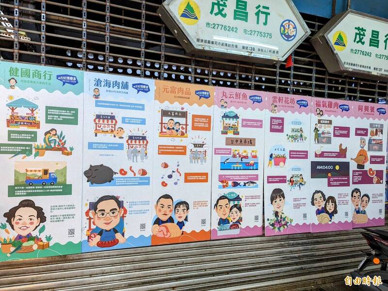 南投水里鄉公所菜市場積極轉型,運用Q版攤商肖像翻轉傳統市場刻板印象,吸引消費者回流。(記者劉濱銓攝) 南投水里鄉公所菜市場積極轉型,運用Q版攤商肖像翻轉傳統市場刻板印象,吸引消費者回流。(記者劉濱銓攝)